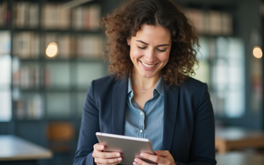 Professional woman smiling while looking at a tablet, representing learning.